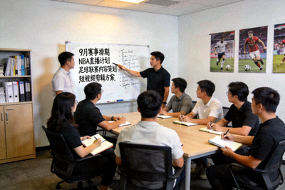 九体育直播内容运营团队会议场景，白板上写满赛事排期与内容策划