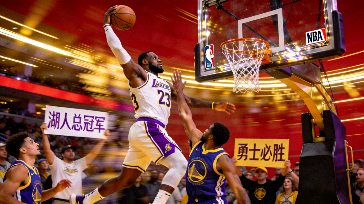 NBA季后赛湖人队与勇士队激烈对决的赛场瞬间，球员飞身扣篮