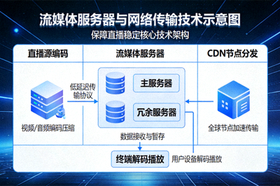 展示流媒体服务器与网络传输技术的示意图，保障直播稳定